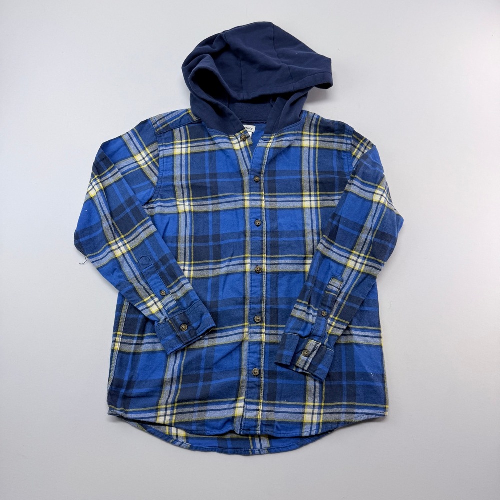 Carters Boys Blue Plaid Hooded Flannel Shirt Size 14 Long Sleeve Button Down